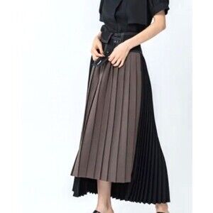 UNITED TOKYO Long Asymmetric Pleated Skirt Black/Brown Color Comb Sz 1/US 4-6